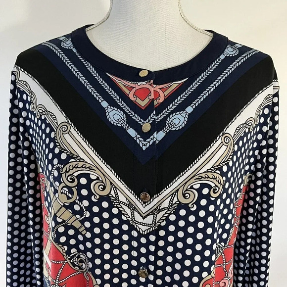 Dana Buchman Button Up Silky Cardigan Polka Dot Gold Buttons Navy White Tan - Picture 4 of 7